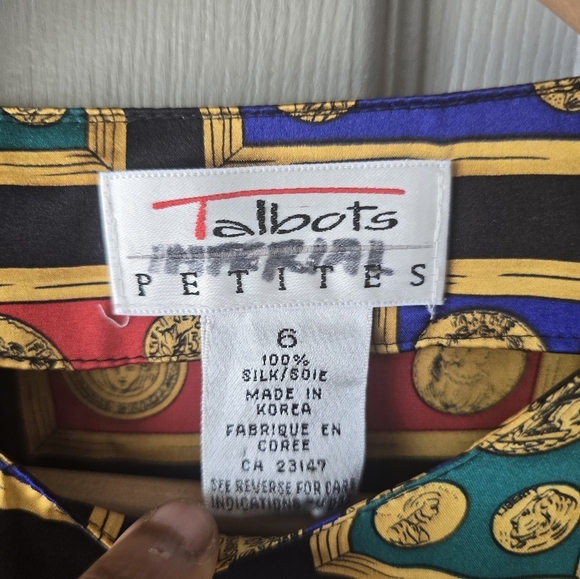 Talbots Vintage 100% Silk Blouse Sz 6 Roman Coins Francs Gold Buttons Boho Artsy - Picture 6 of 12